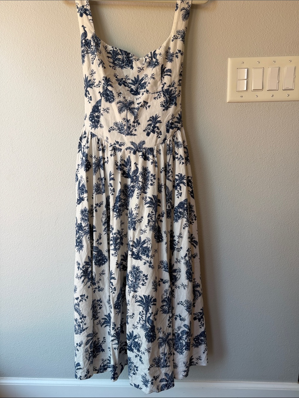 Caroline Constas Ivory Midi Dress with Navy Floral Print